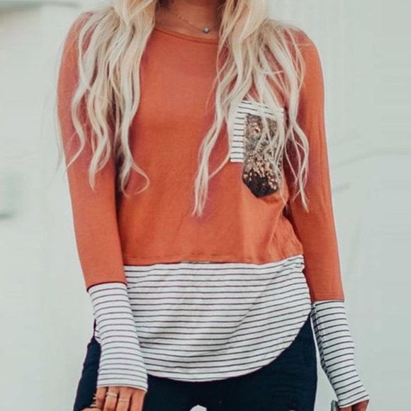 Orange Striped Sequin Pocket Shirt - Picture 4 of 14